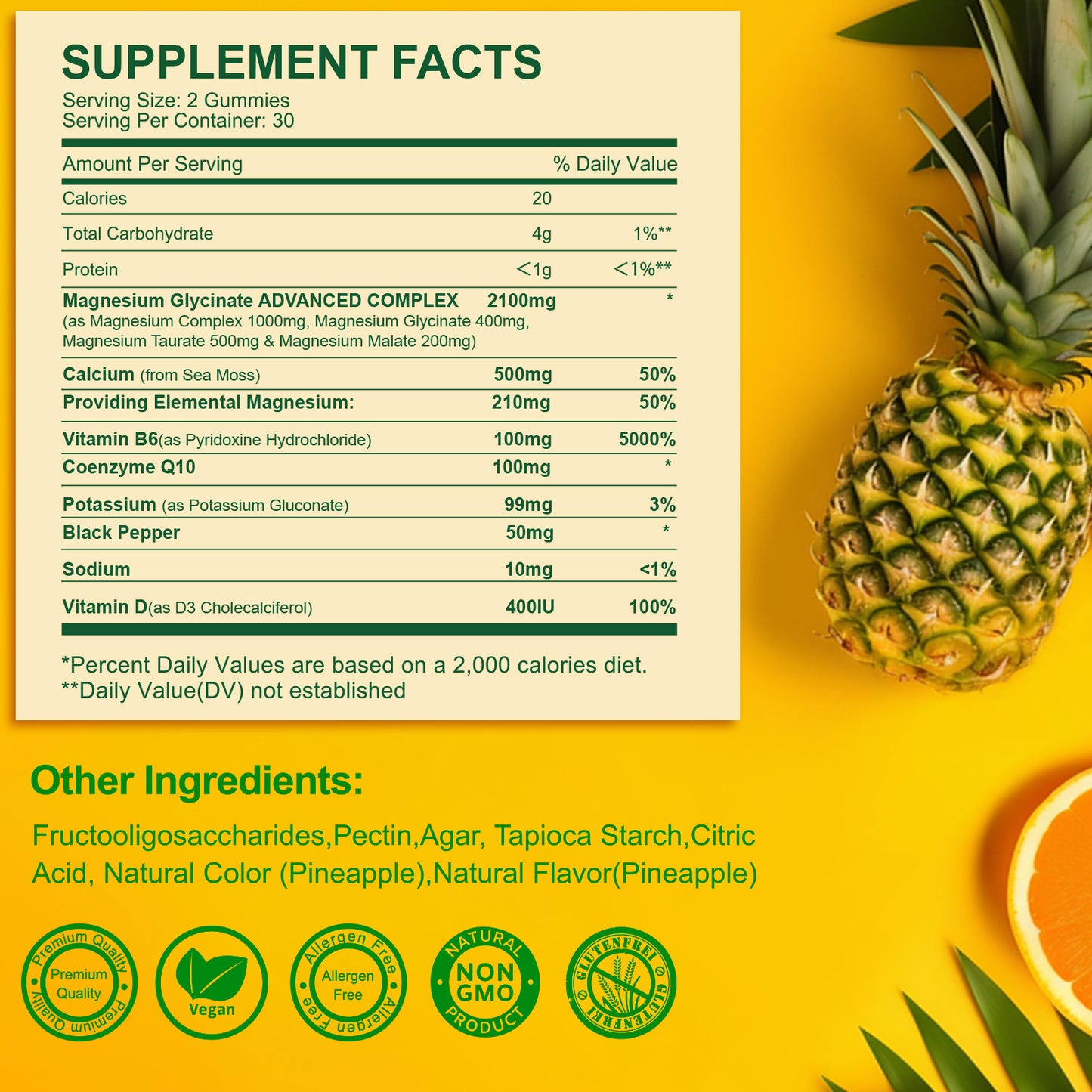 Magnesium Glycinate Gummies 400mg, Sugar Free Magnesium Taurate, Magnesium Malate Supplement with Vitamin D, B6, CoQ10 for Relaxation, Stress Relief, Muscle, Bone & Sleep Support- Pineapple Gummies