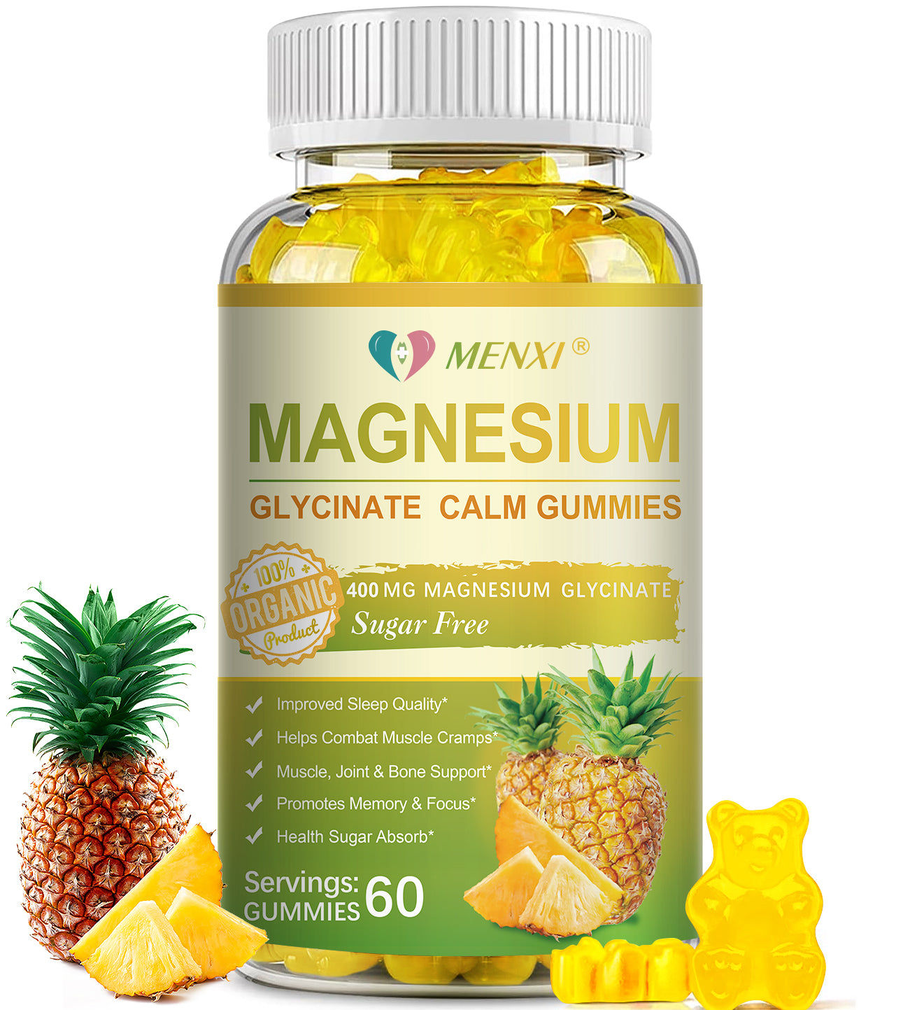 Magnesium Glycinate Gummies 400mg, Sugar Free Magnesium Taurate, Magnesium Malate Supplement with Vitamin D, B6, CoQ10 for Relaxation, Stress Relief, Muscle, Bone & Sleep Support- Pineapple Gummies