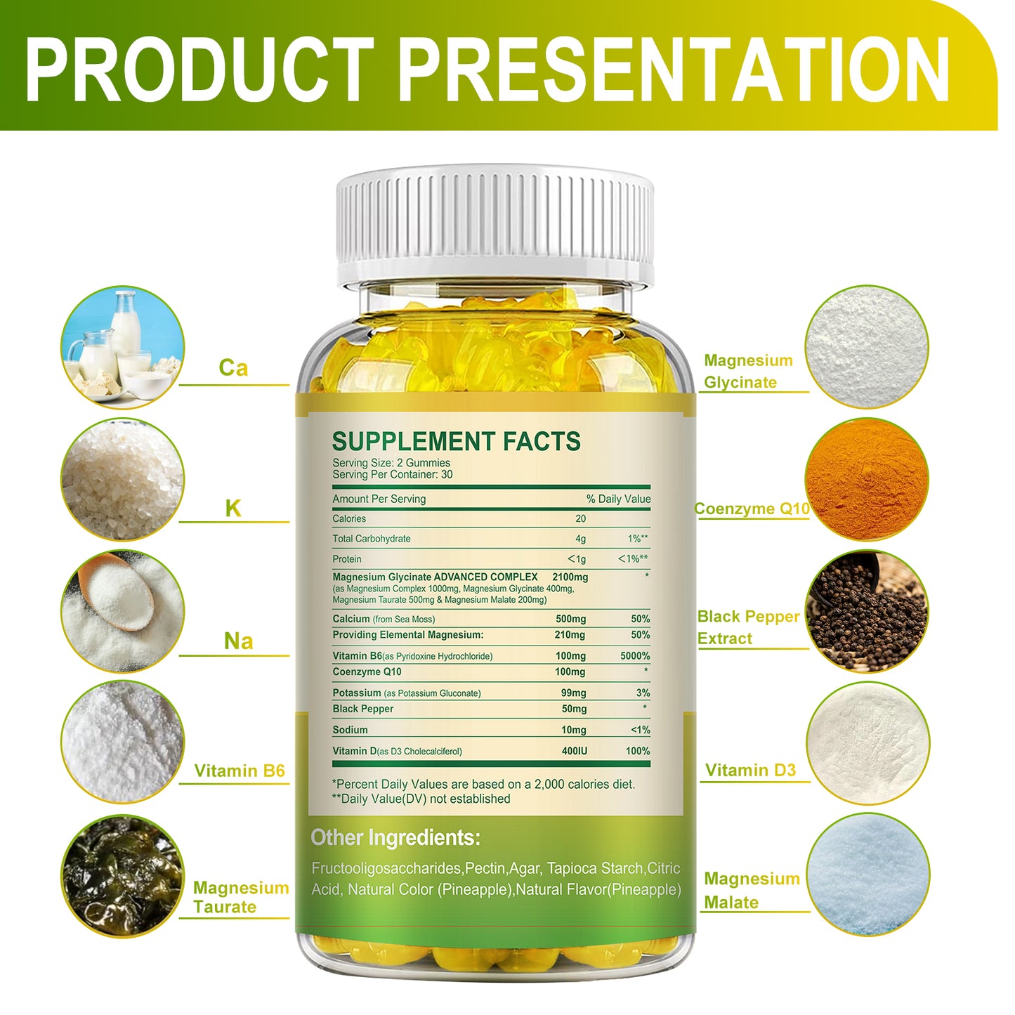 Magnesium Glycinate Gummies 400mg, Sugar Free Magnesium Taurate, Magnesium Malate Supplement with Vitamin D, B6, CoQ10 for Relaxation, Stress Relief, Muscle, Bone & Sleep Support- Pineapple Gummies