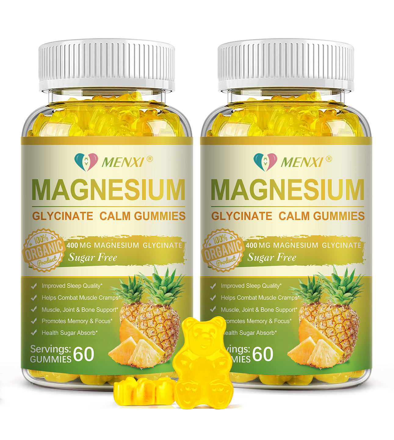 Magnesium Glycinate Gummies 400mg, Sugar Free Magnesium Taurate, Magnesium Malate Supplement with Vitamin D, B6, CoQ10 for Relaxation, Stress Relief, Muscle, Bone & Sleep Support- Pineapple Gummies