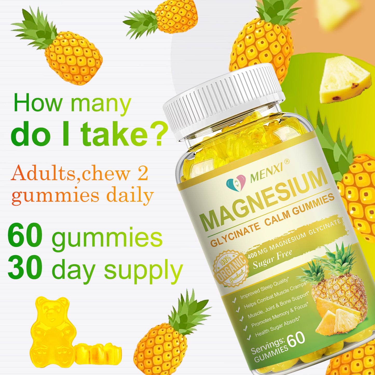 Magnesium Glycinate Gummies 400mg, Sugar Free Magnesium Taurate, Magnesium Malate Supplement with Vitamin D, B6, CoQ10 for Relaxation, Stress Relief, Muscle, Bone & Sleep Support- Pineapple Gummies