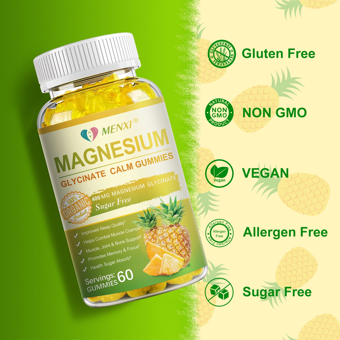 Magnesium Glycinate Gummies 400mg, Sugar Free Magnesium Taurate, Magnesium Malate Supplement with Vitamin D, B6, CoQ10 for Relaxation, Stress Relief, Muscle, Bone & Sleep Support- Pineapple Gummies