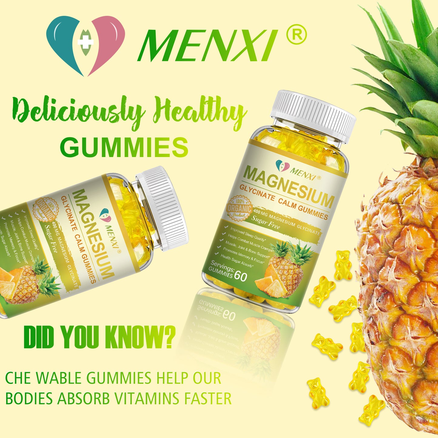 Magnesium Glycinate Gummies 400mg, Sugar Free Magnesium Taurate, Magnesium Malate Supplement with Vitamin D, B6, CoQ10 for Relaxation, Stress Relief, Muscle, Bone & Sleep Support- Pineapple Gummies