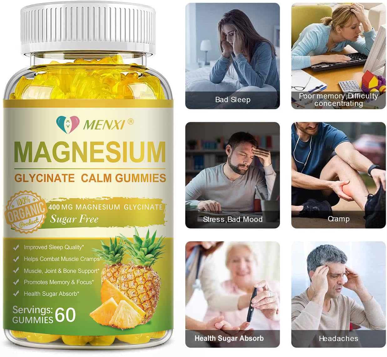 Magnesium Glycinate Gummies 400mg, Sugar Free Magnesium Taurate, Magnesium Malate Supplement with Vitamin D, B6, CoQ10 for Relaxation, Stress Relief, Muscle, Bone & Sleep Support- Pineapple Gummies