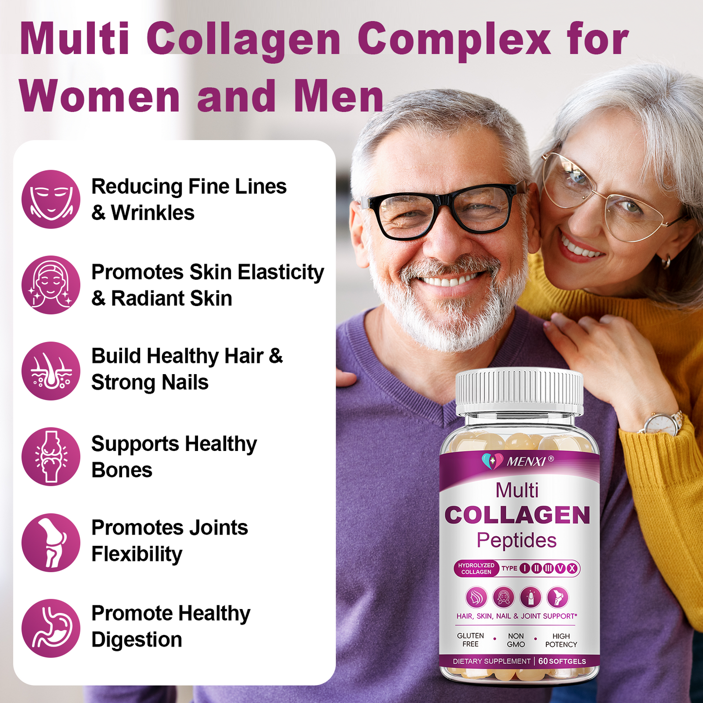Multi Collagen Peptides Softgel for Women & Men - Type I, II, III, V, X - Hydrolyzed Collagen Peptides with Biotin, Vitamin C & Hyaluronic Acid - Support Skin, Hair, Nail & Joint - Non-GMO