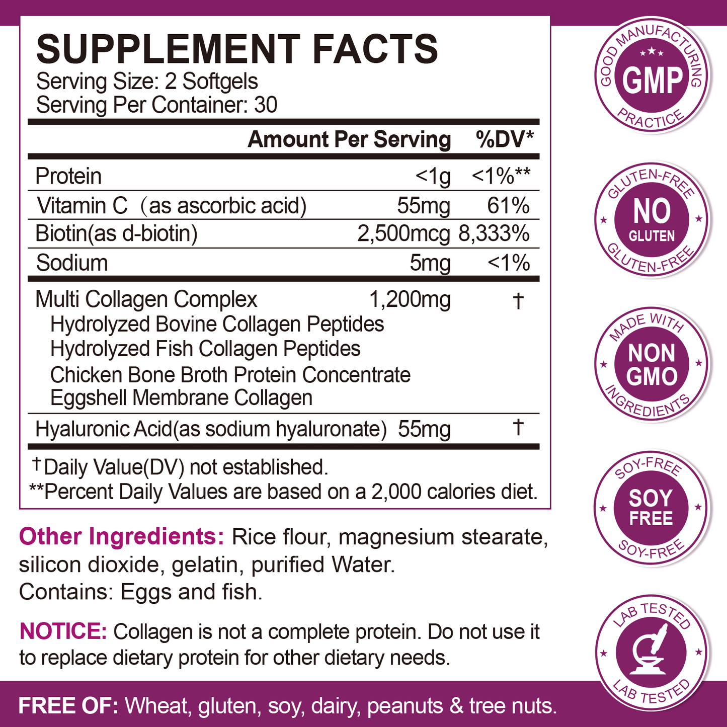 Multi Collagen Peptides Softgel for Women & Men - Type I, II, III, V, X - Hydrolyzed Collagen Peptides with Biotin, Vitamin C & Hyaluronic Acid - Support Skin, Hair, Nail & Joint - Non-GMO