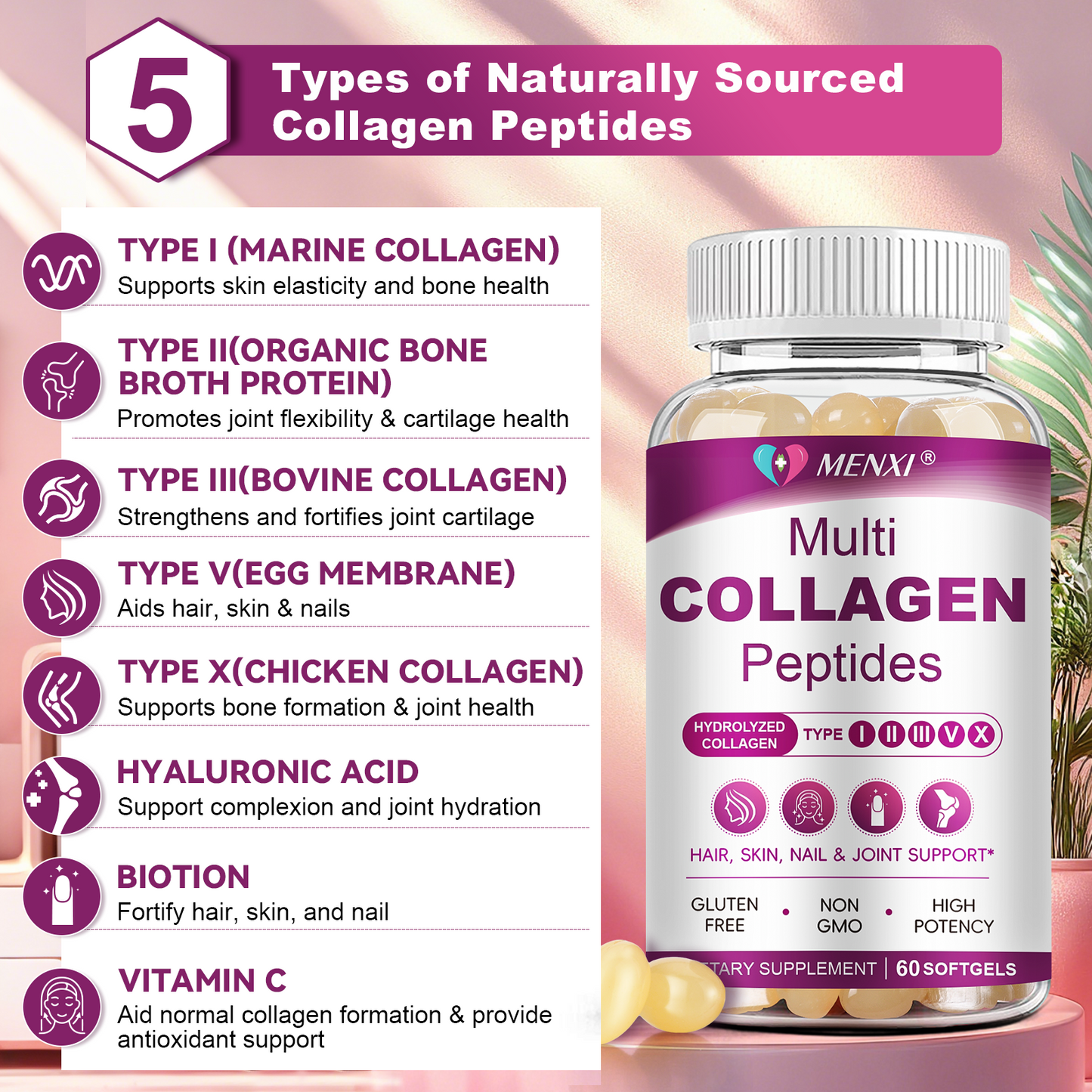 Multi Collagen Peptides Softgel for Women & Men - Type I, II, III, V, X - Hydrolyzed Collagen Peptides with Biotin, Vitamin C & Hyaluronic Acid - Support Skin, Hair, Nail & Joint - Non-GMO