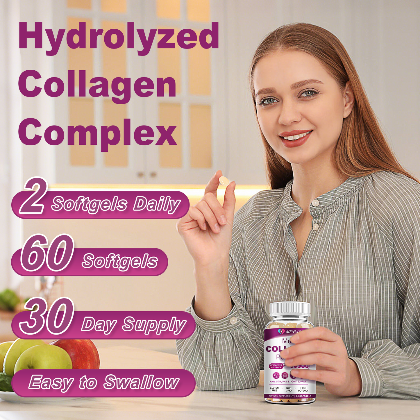 Multi Collagen Peptides Softgel for Women & Men - Type I, II, III, V, X - Hydrolyzed Collagen Peptides with Biotin, Vitamin C & Hyaluronic Acid - Support Skin, Hair, Nail & Joint - Non-GMO