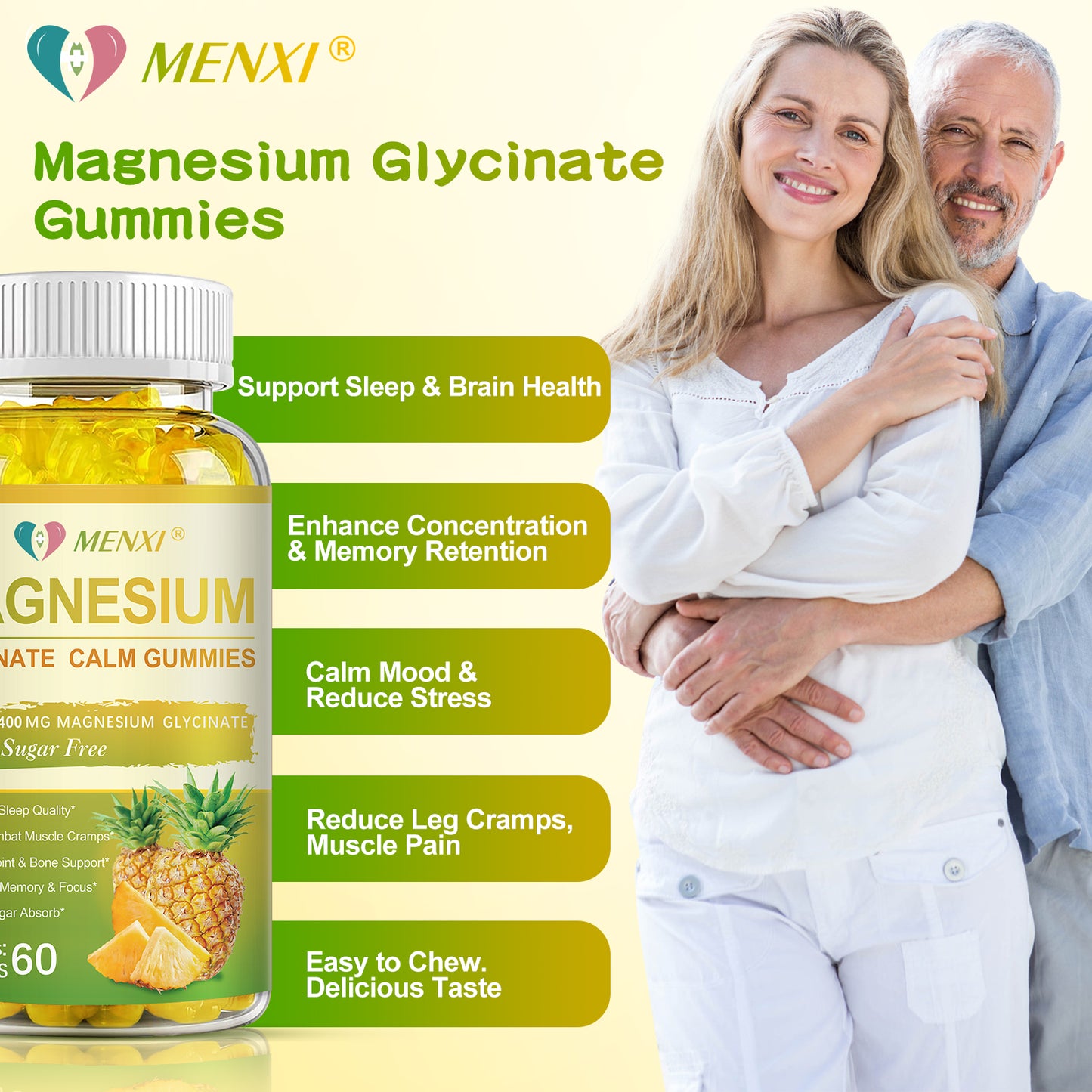 Magnesium Glycinate Gummies 400mg, Sugar Free Magnesium Taurate, Magnesium Malate Supplement with Vitamin D, B6, CoQ10 for Relaxation, Stress Relief, Muscle, Bone & Sleep Support- Pineapple Gummies