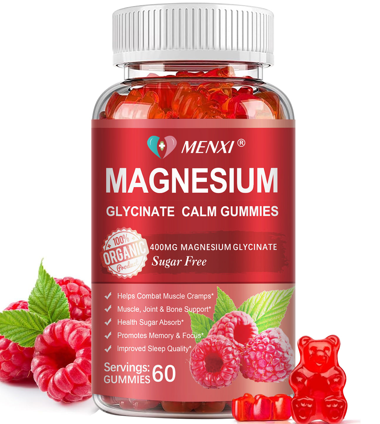 Magnesium Gummies 600mg per Serving-Magnesium Glycinate 400mg and Magnesium Malate 200mg,Sugar Free Magnesium Potassium Supplement for Calm Mood, Muscle, Bone & Sleep Support, Raspberry Gummies