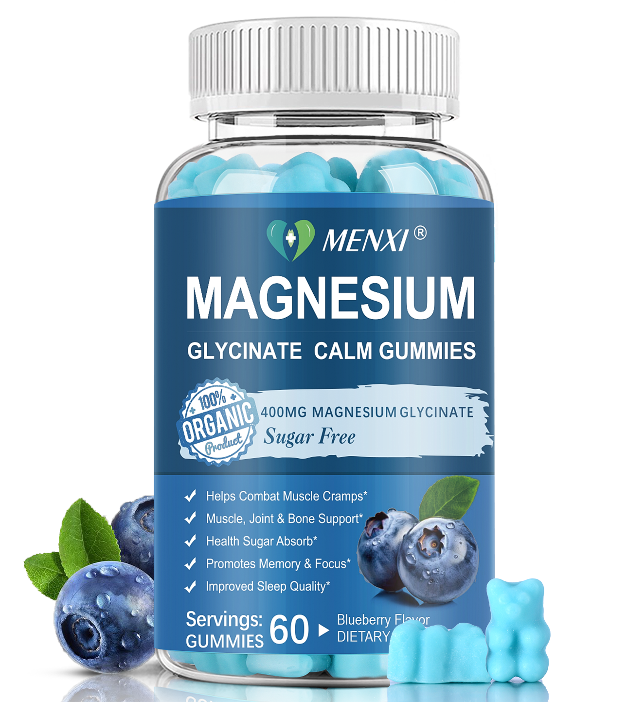 Magnesium Gummies 600mg per Serving-Magnesium Glycinate 400mg and Magnesium Malate 200mg,Sugar Free Magnesium Potassium Supplement for Calm Mood, Muscle, Bone & Energy Support, Blueberry Gummies
