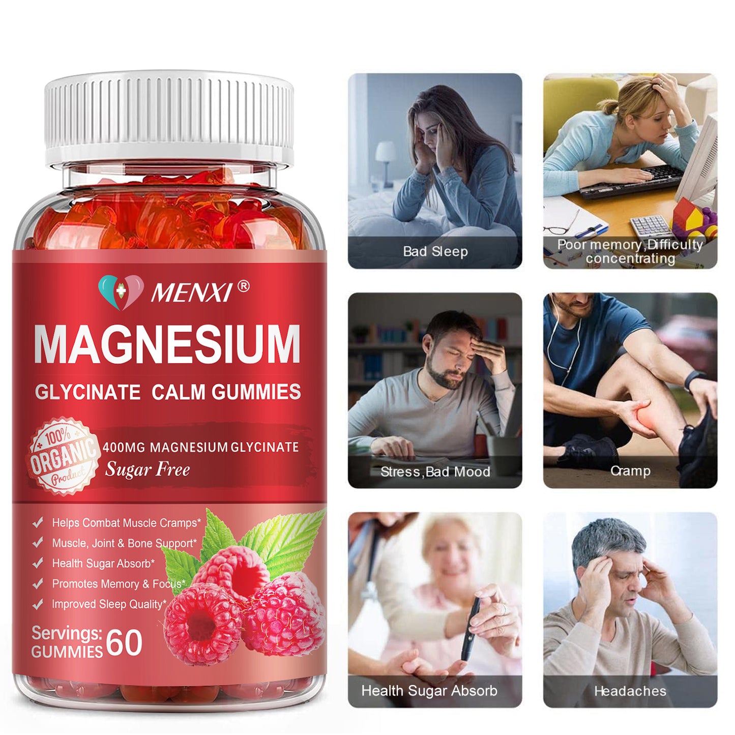 Magnesium Gummies 600mg per Serving-Magnesium Glycinate 400mg and Magnesium Malate 200mg,Sugar Free Magnesium Potassium Supplement for Calm Mood, Muscle, Bone & Sleep Support, Raspberry Gummies