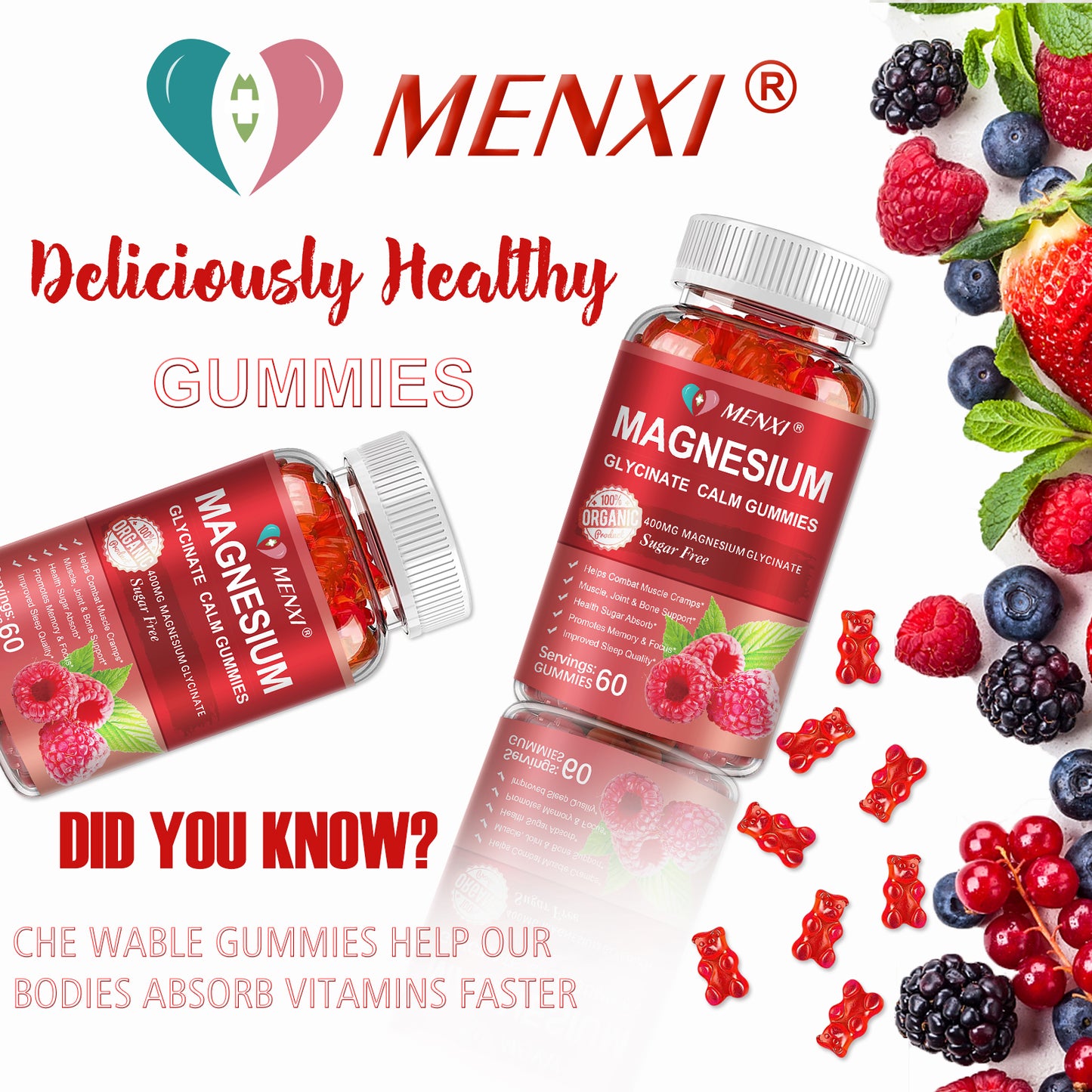 Magnesium Gummies 600mg per Serving-Magnesium Glycinate 400mg and Magnesium Malate 200mg,Sugar Free Magnesium Potassium Supplement for Calm Mood, Muscle, Bone & Sleep Support, Raspberry Gummies
