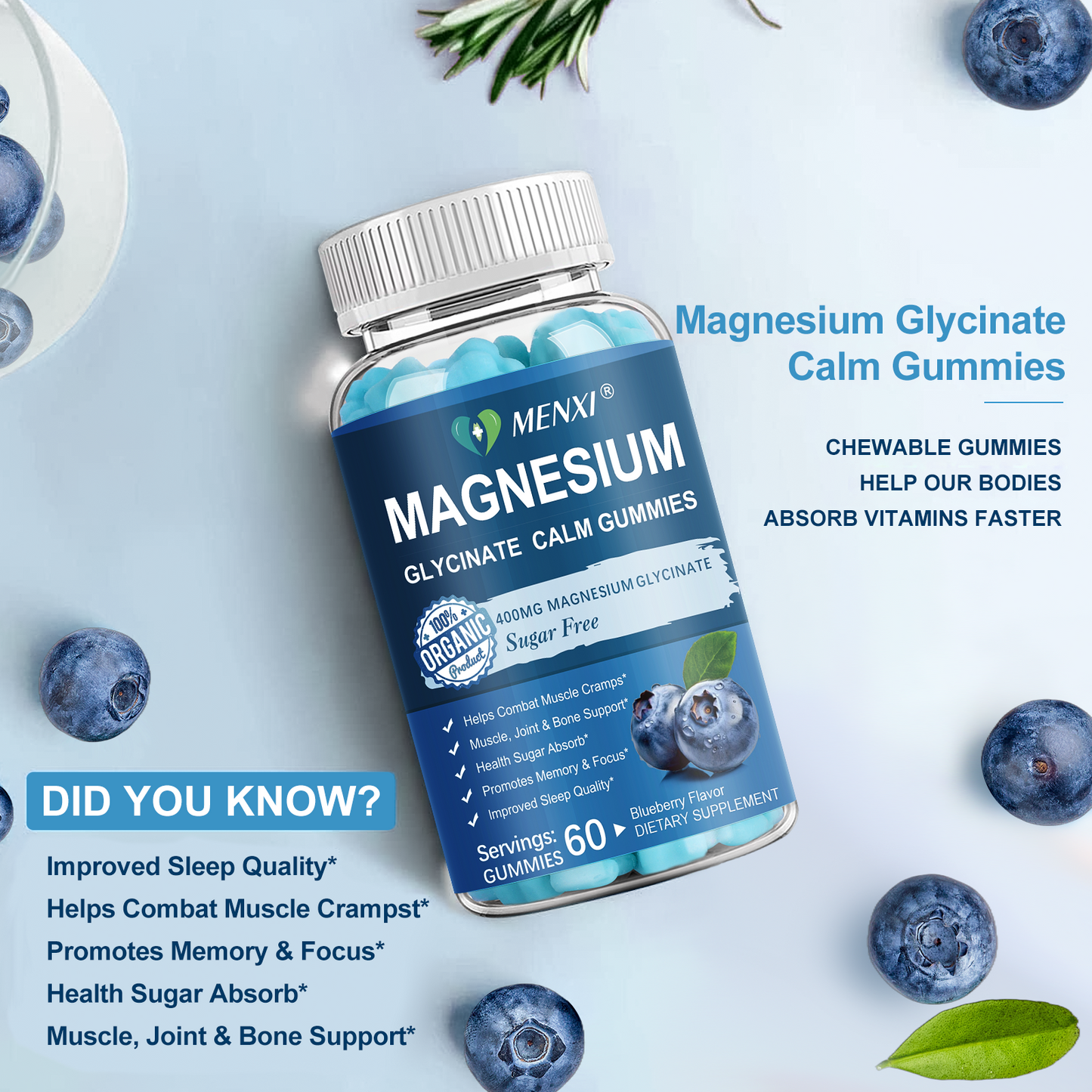 Magnesium Gummies 600mg per Serving-Magnesium Glycinate 400mg and Magnesium Malate 200mg,Sugar Free Magnesium Potassium Supplement for Calm Mood, Muscle, Bone & Energy Support, Blueberry Gummies