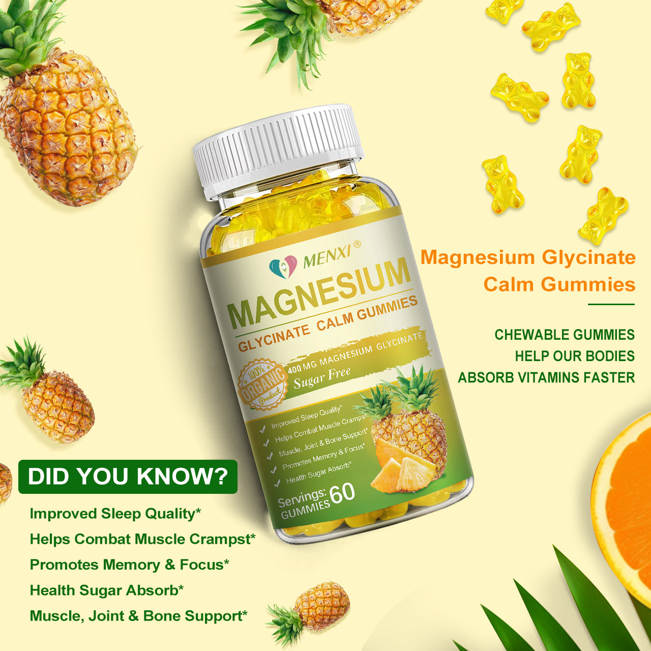 Magnesium Glycinate Gummies 400mg, Sugar Free Magnesium Taurate, Magnesium Malate Supplement with Vitamin D, B6, CoQ10 for Relaxation, Stress Relief, Muscle, Bone & Sleep Support- Pineapple Gummies