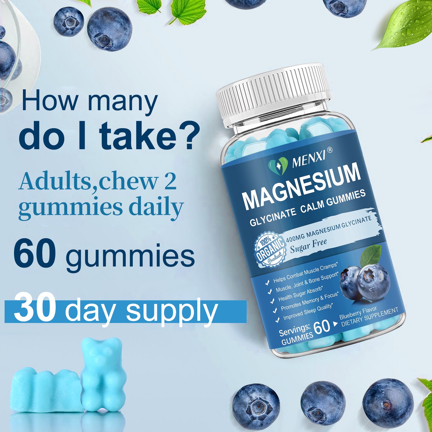 Magnesium Gummies 600mg per Serving-Magnesium Glycinate 400mg and Magnesium Malate 200mg,Sugar Free Magnesium Potassium Supplement for Calm Mood, Muscle, Bone & Energy Support, Blueberry Gummies