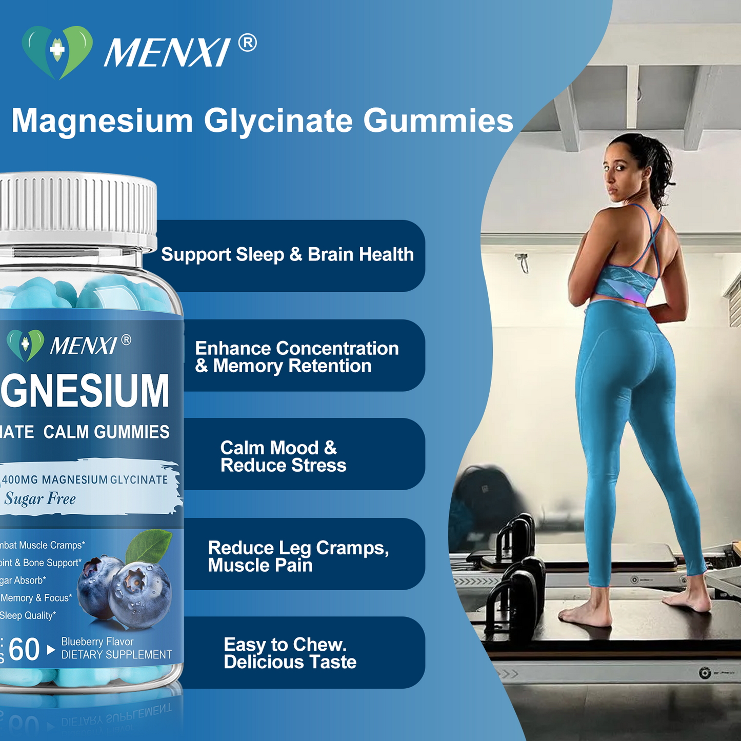 Magnesium Gummies 600mg per Serving-Magnesium Glycinate 400mg and Magnesium Malate 200mg,Sugar Free Magnesium Potassium Supplement for Calm Mood, Muscle, Bone & Energy Support, Blueberry Gummies