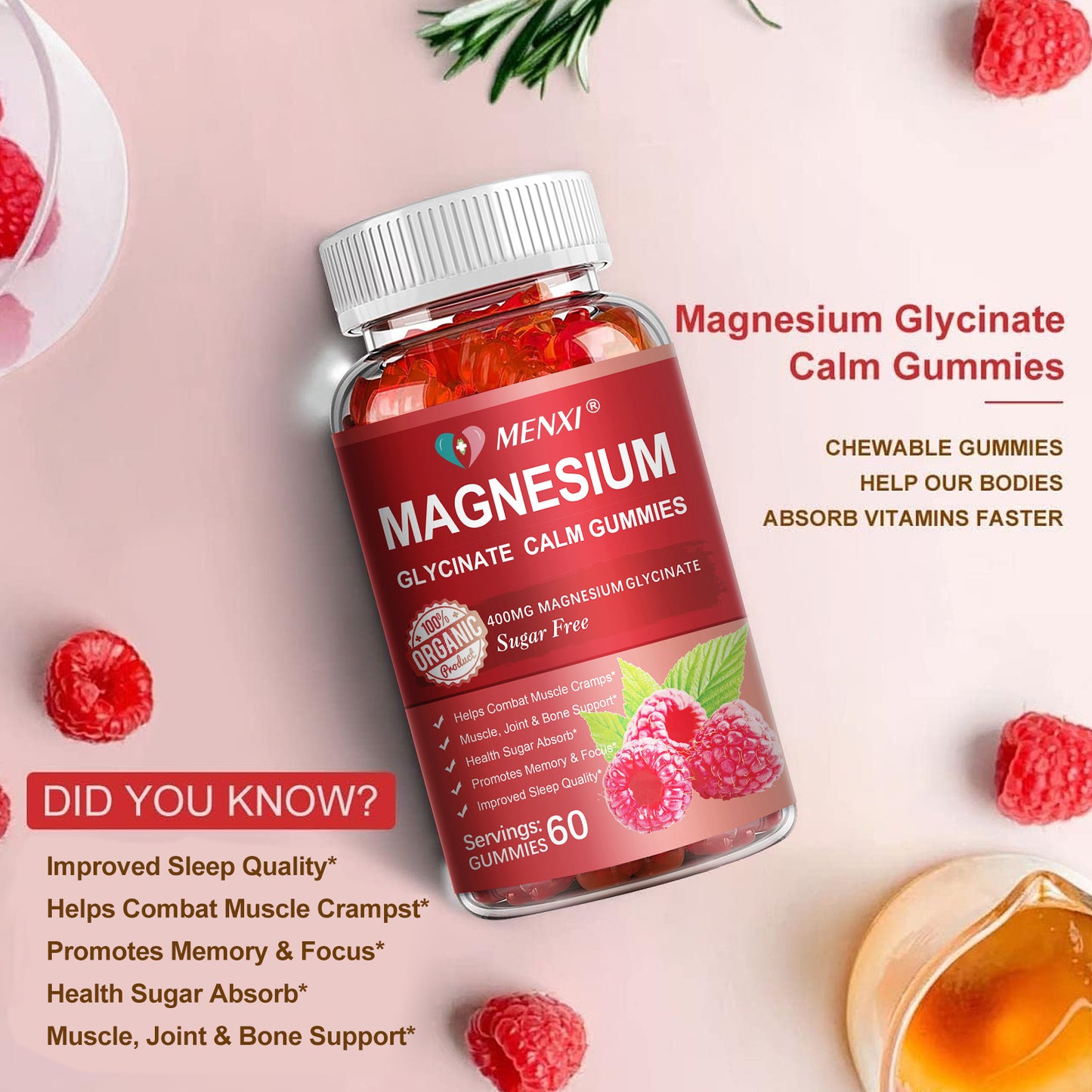 Magnesium Gummies 600mg per Serving-Magnesium Glycinate 400mg and Magnesium Malate 200mg,Sugar Free Magnesium Potassium Supplement for Calm Mood, Muscle, Bone & Sleep Support, Raspberry Gummies