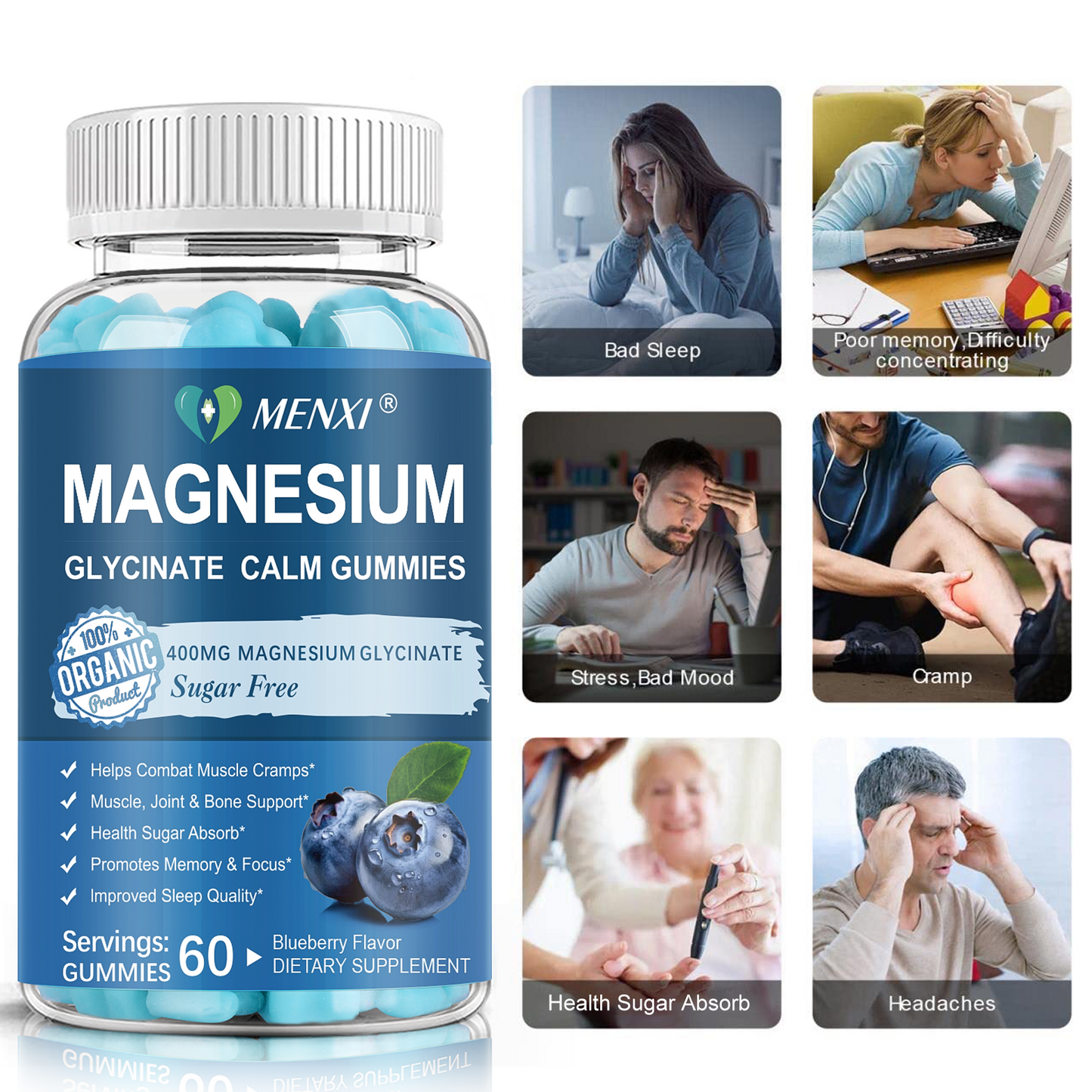 Magnesium Gummies 600mg per Serving-Magnesium Glycinate 400mg and Magnesium Malate 200mg,Sugar Free Magnesium Potassium Supplement for Calm Mood, Muscle, Bone & Energy Support, Blueberry Gummies