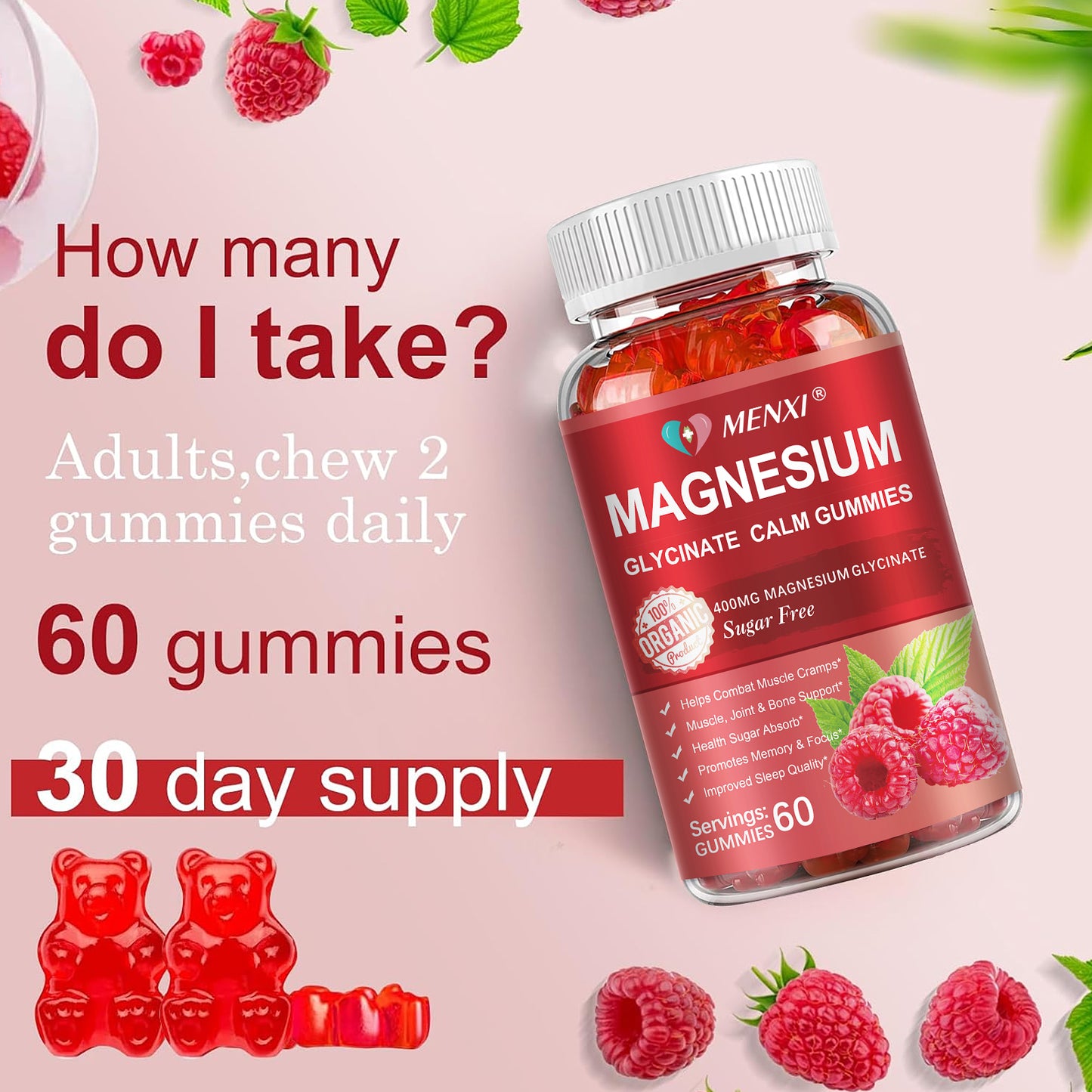 Magnesium Gummies 600mg per Serving-Magnesium Glycinate 400mg and Magnesium Malate 200mg,Sugar Free Magnesium Potassium Supplement for Calm Mood, Muscle, Bone & Sleep Support, Raspberry Gummies