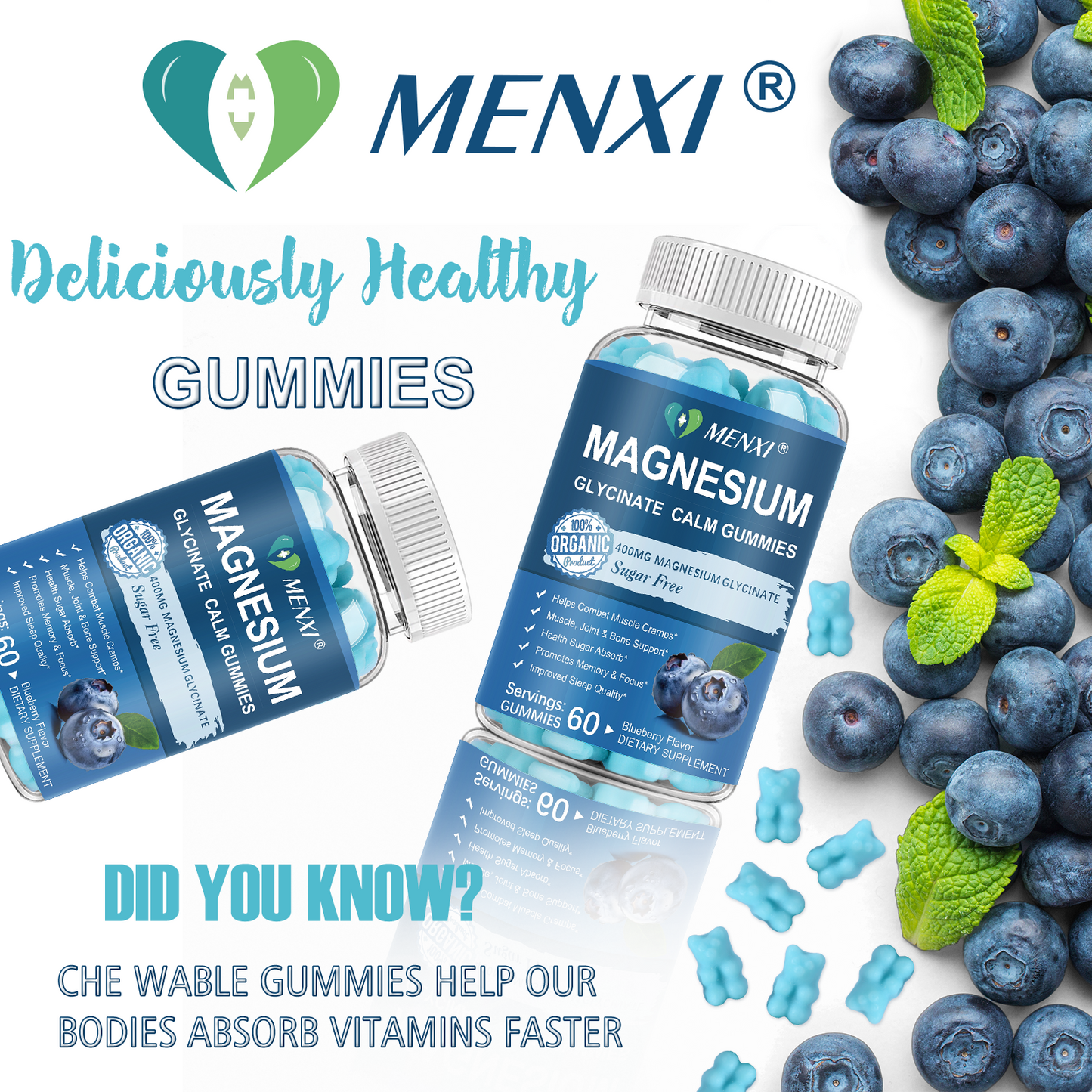 Magnesium Gummies 600mg per Serving-Magnesium Glycinate 400mg and Magnesium Malate 200mg,Sugar Free Magnesium Potassium Supplement for Calm Mood, Muscle, Bone & Energy Support, Blueberry Gummies