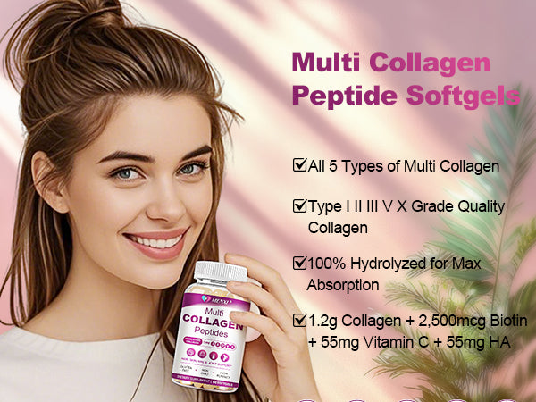 Multi Collagen Peptides Softgel for Women & Men - Type I, II, III, V, X - Hydrolyzed Collagen Peptides with Biotin, Vitamin C & Hyaluronic Acid - Support Skin, Hair, Nail & Joint - Non-GMO