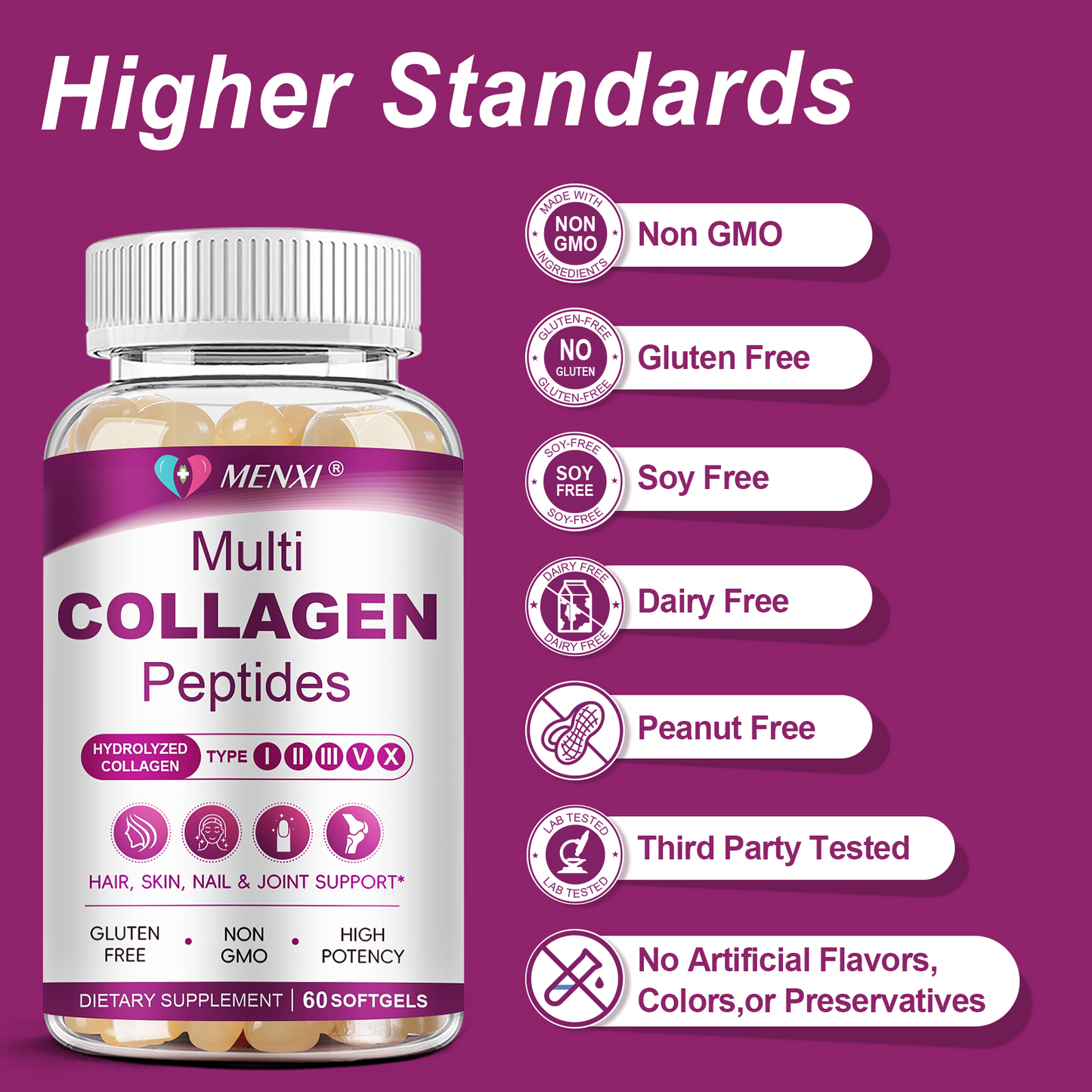 Multi Collagen Peptides Softgel for Women & Men - Type I, II, III, V, X - Hydrolyzed Collagen Peptides with Biotin, Vitamin C & Hyaluronic Acid - Support Skin, Hair, Nail & Joint - Non-GMO